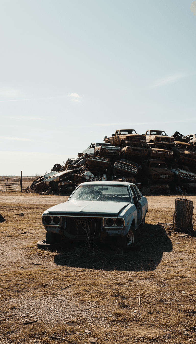 Rusted sedan in a Michigan junk yard with other cars in the background