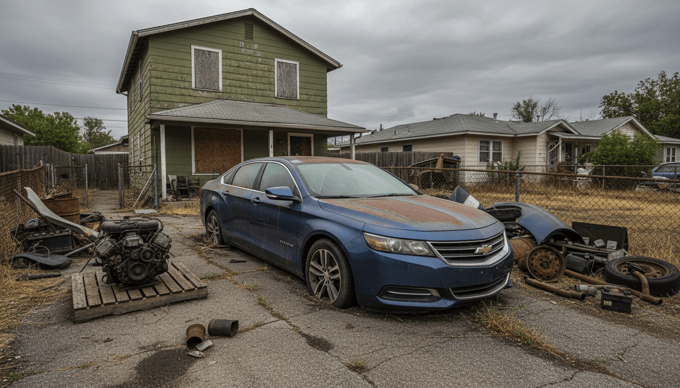 Junk car sitting in a residential driveway in Michigan