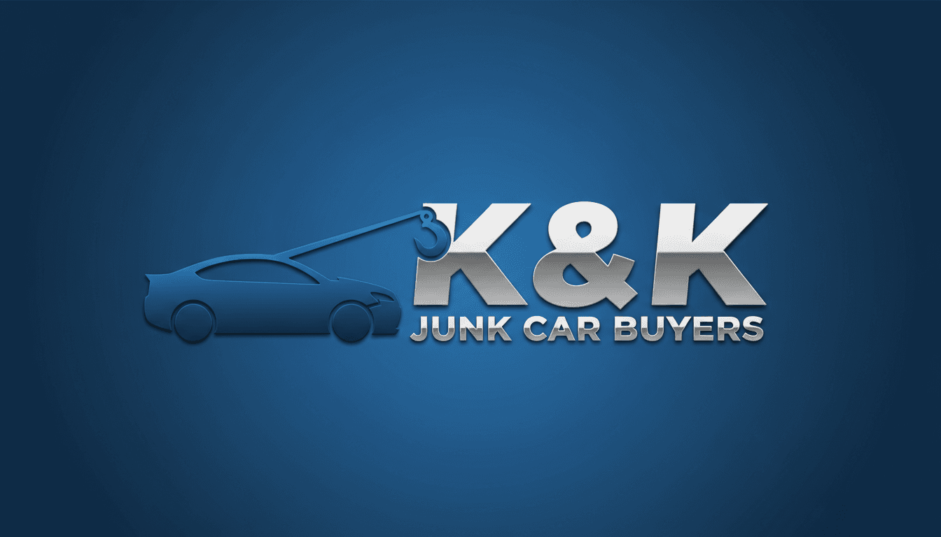 K&K Junk Car Buyers logo with metallic silver text, blue car outline, and tow hook