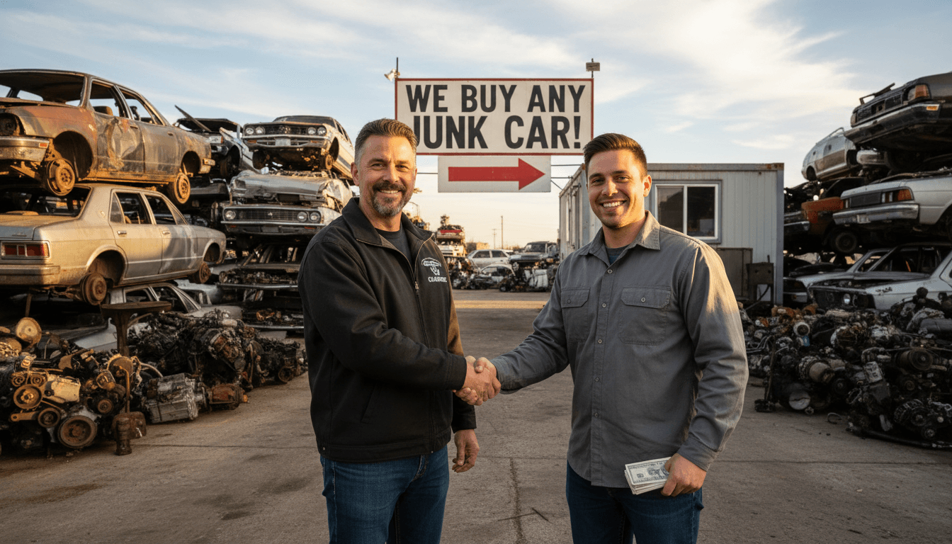 Professional junk car buyer in a junkyard with a friendly smile and a handshake