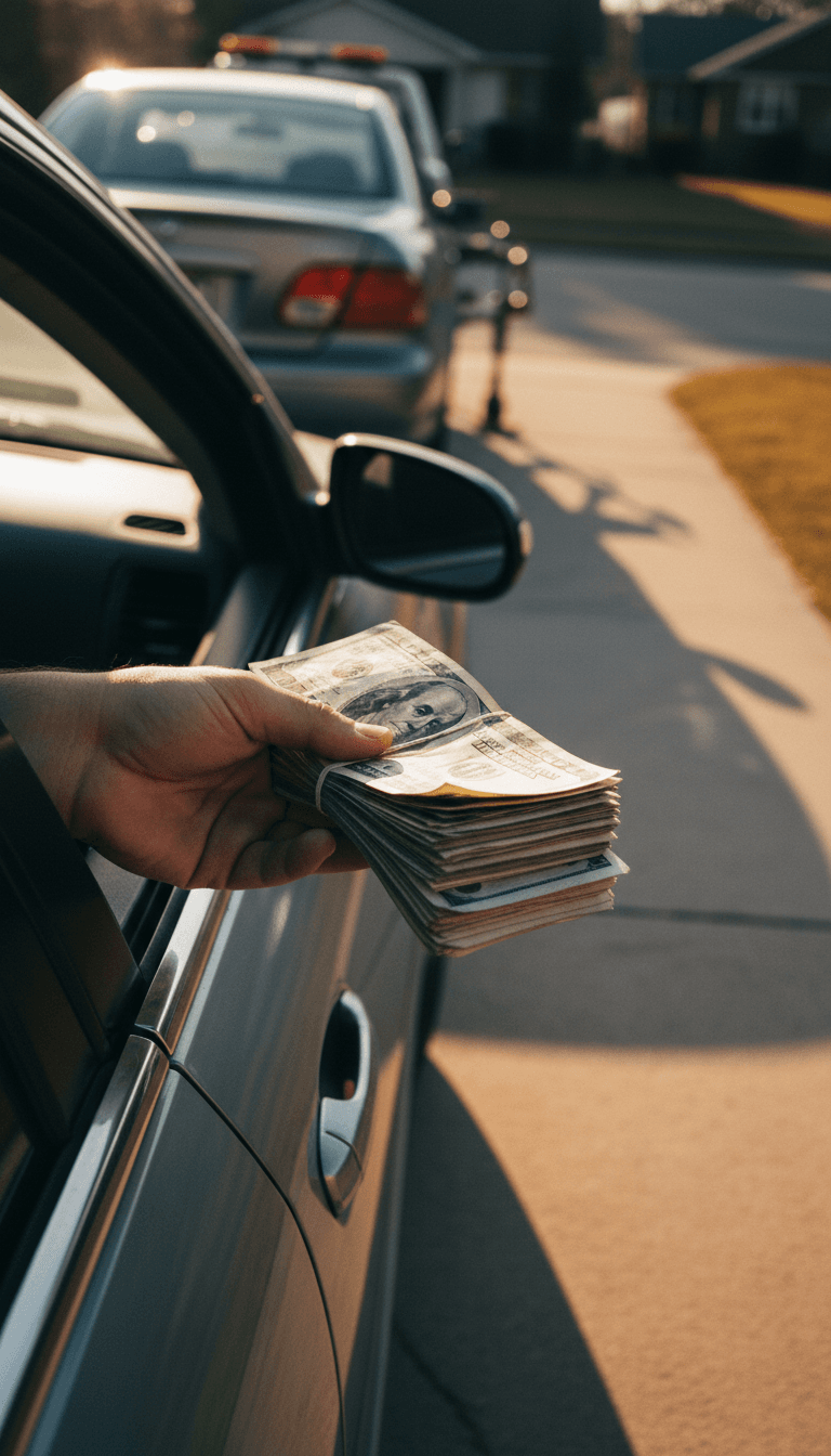 Hand offering cash for a junk car in a suburban driveway