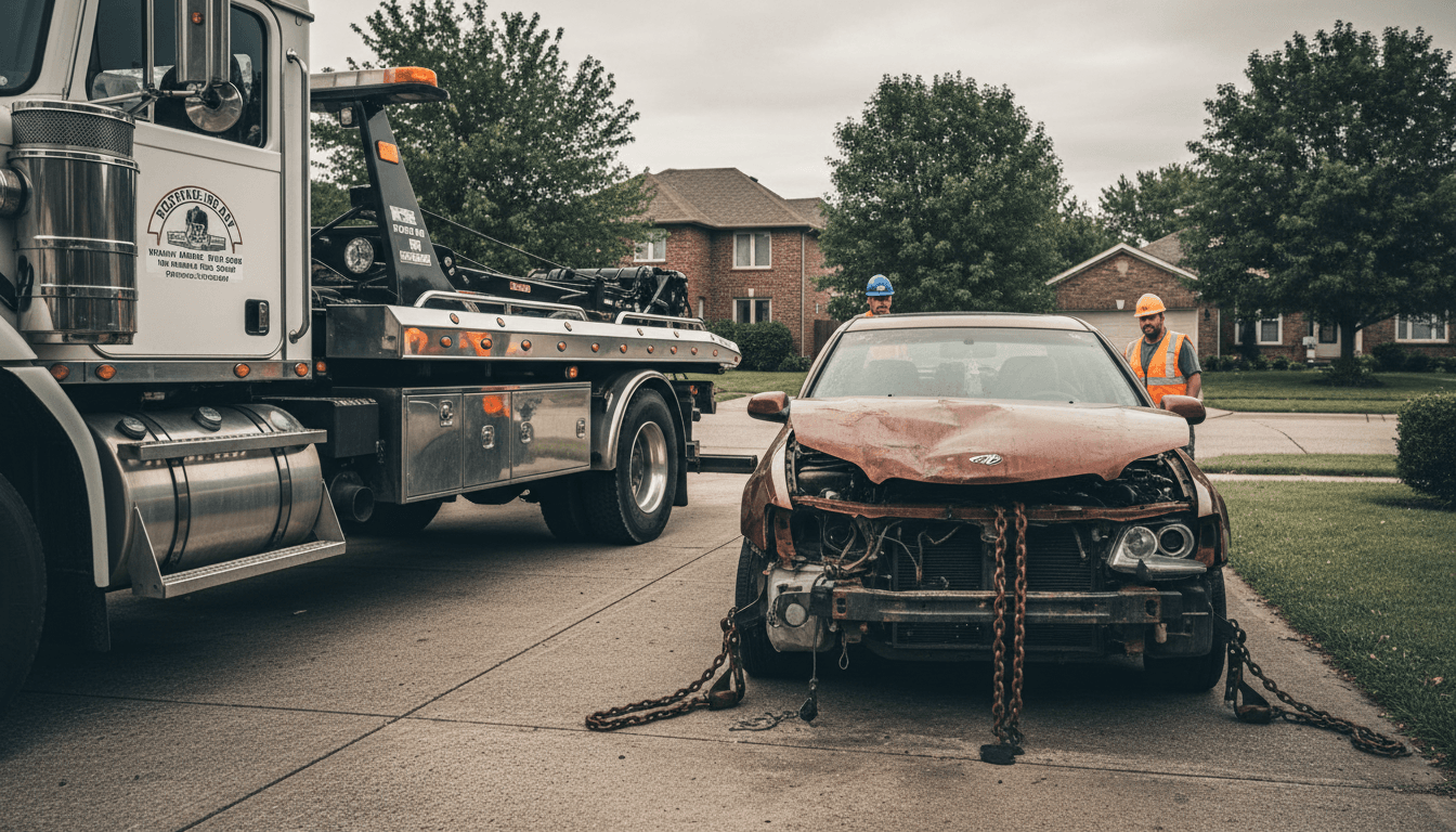 Tow truck loading a junk car with cash being handed to owner