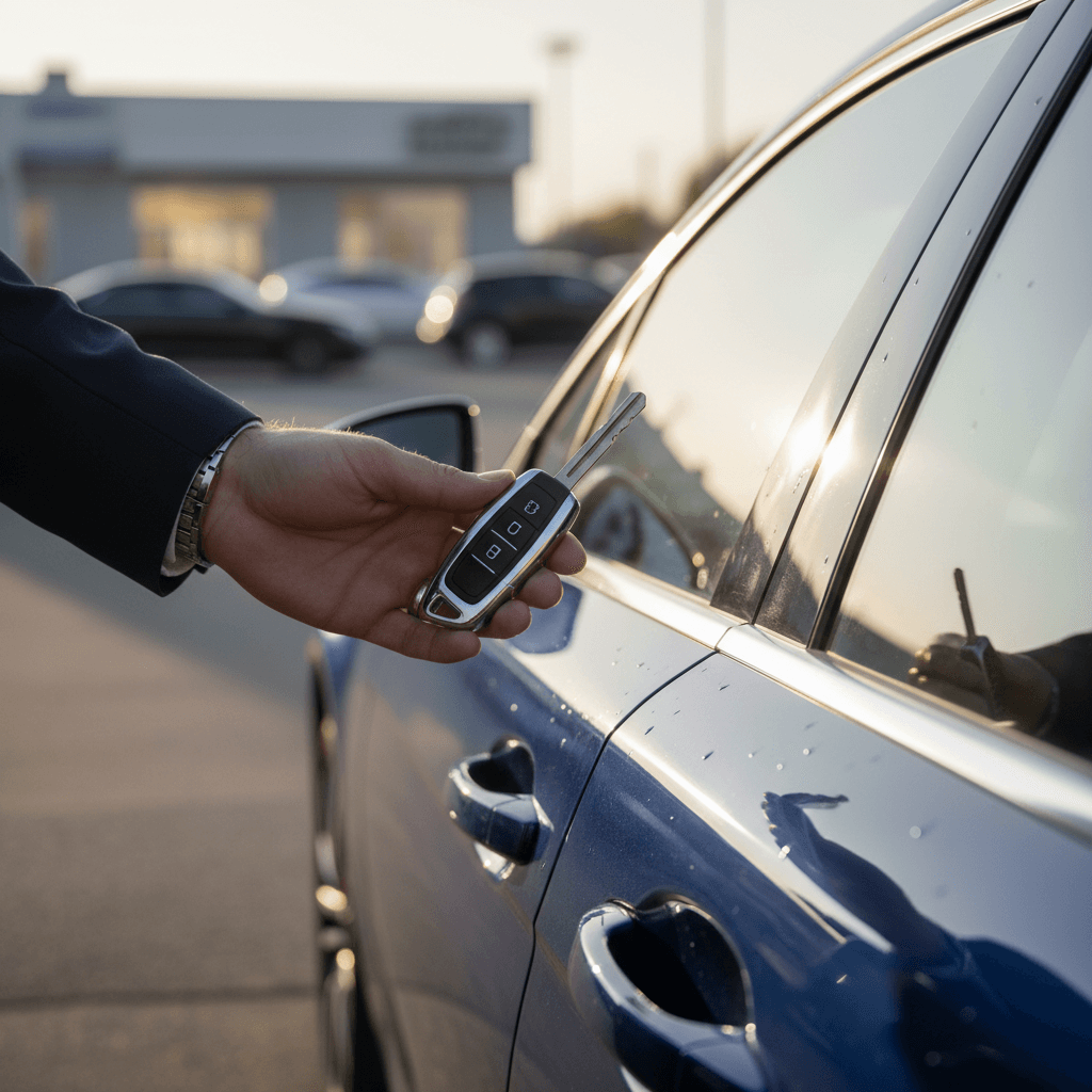 Woman with car keys and junk vehicle