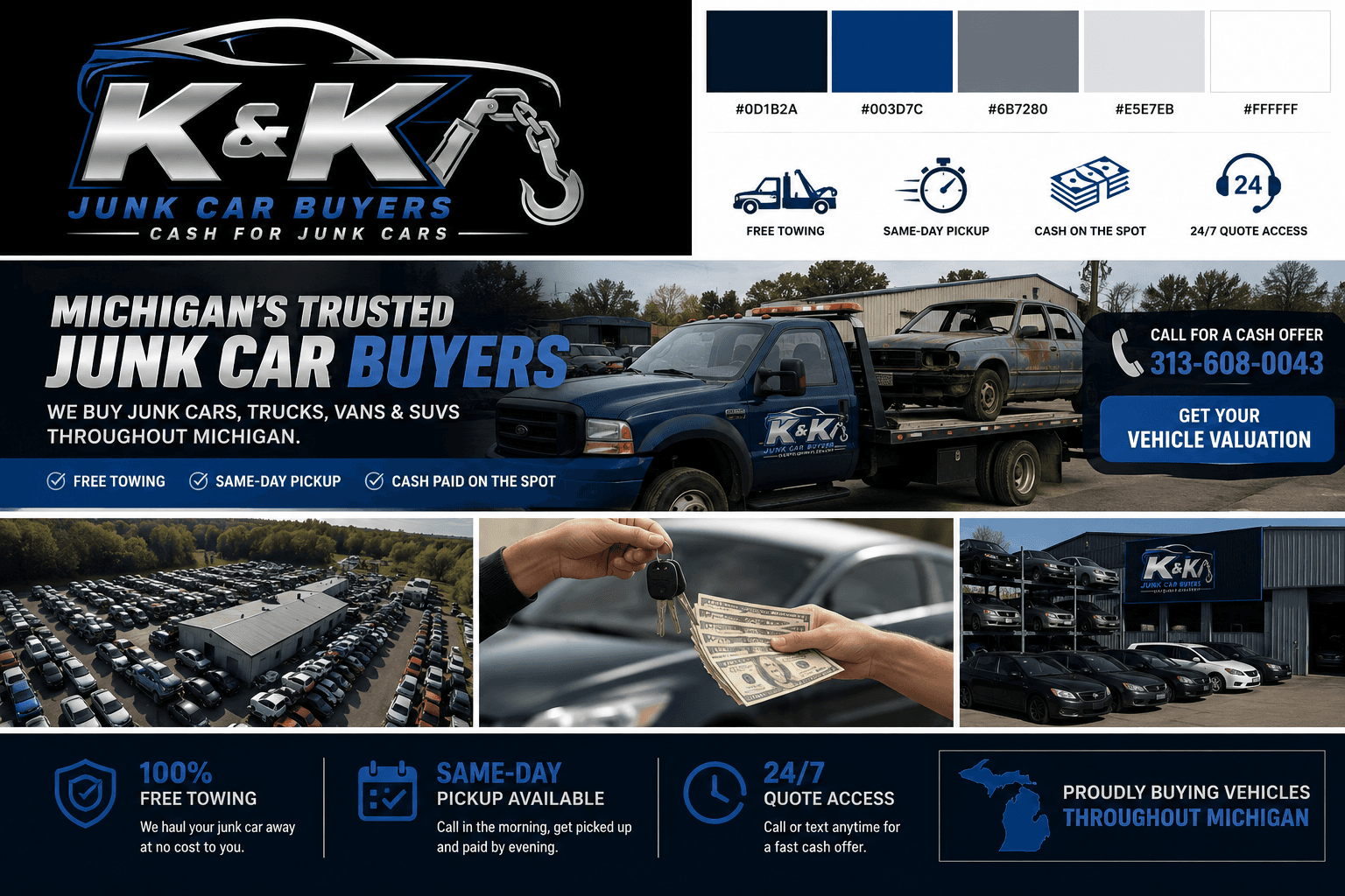 Marketing banner for K&K Junk Car Buyers featuring tow trucks and cash for vehicles.